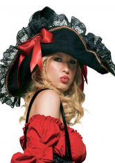 Eleganter Piraten Hut mit Spitze schwarz-rot - Gr. S-L