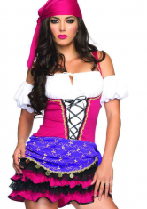 Zigeunerin Kostüm Minikleid mit Kopftuch pink-lila-weiß
