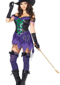 Bezauberndes Hexen Minikleid Kostüm mit Hut schwarz-lila